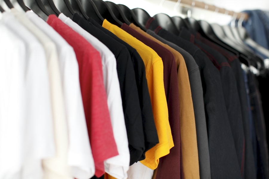 Folded t-shirts on a retail display