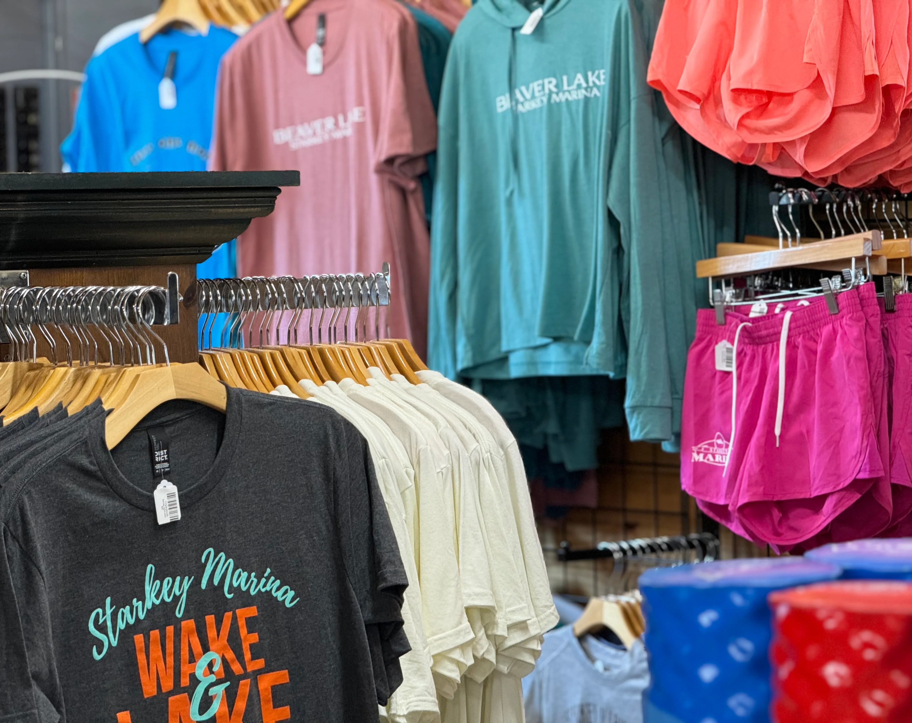 Racks of Beaver Lake apparel inside the marina store