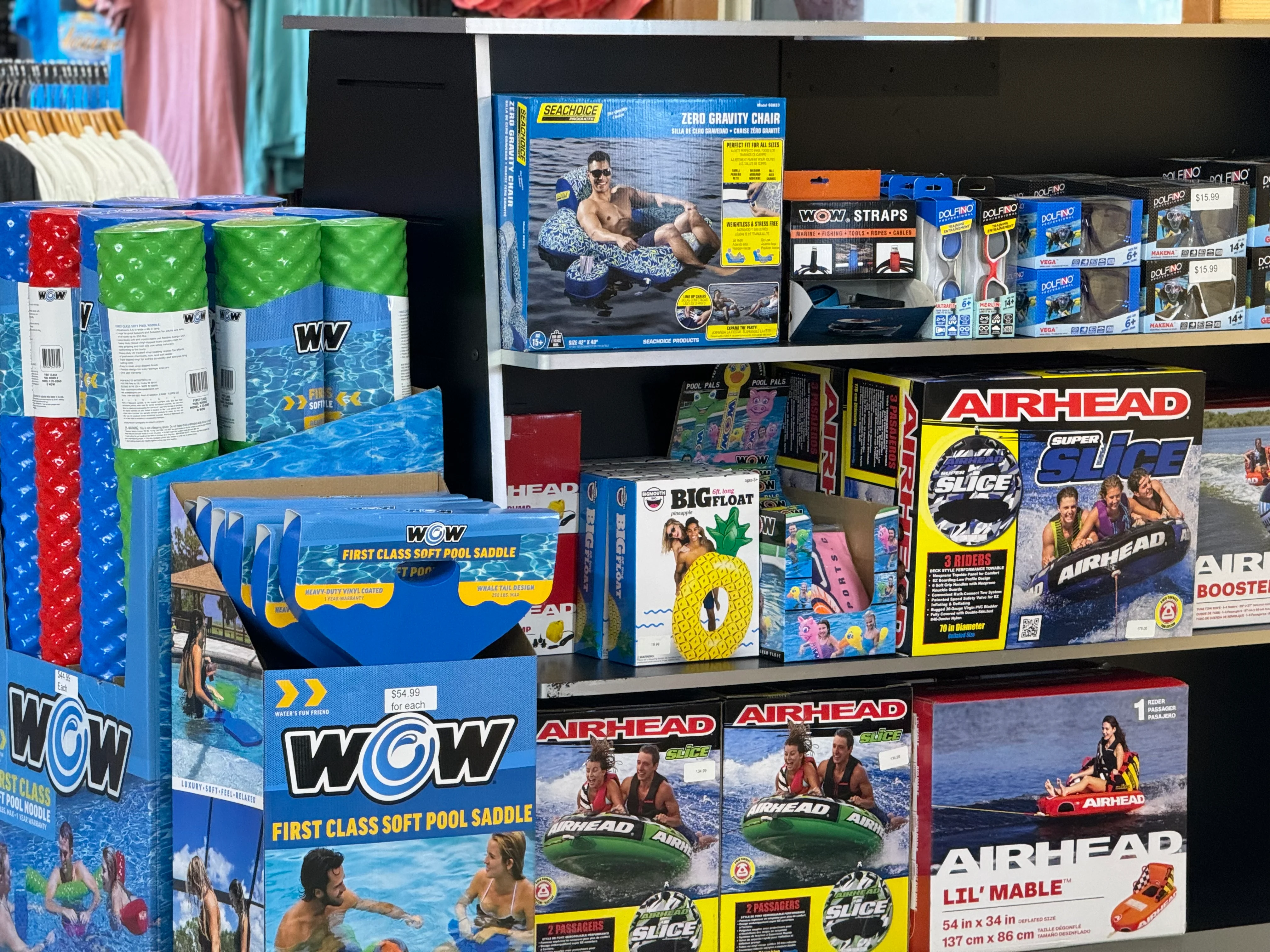 Pool floats and water toys for sale in the marina store